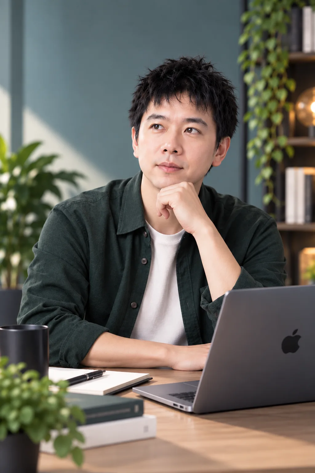 槿川在書桌前托腮思考,桌上放著筆電與筆記本